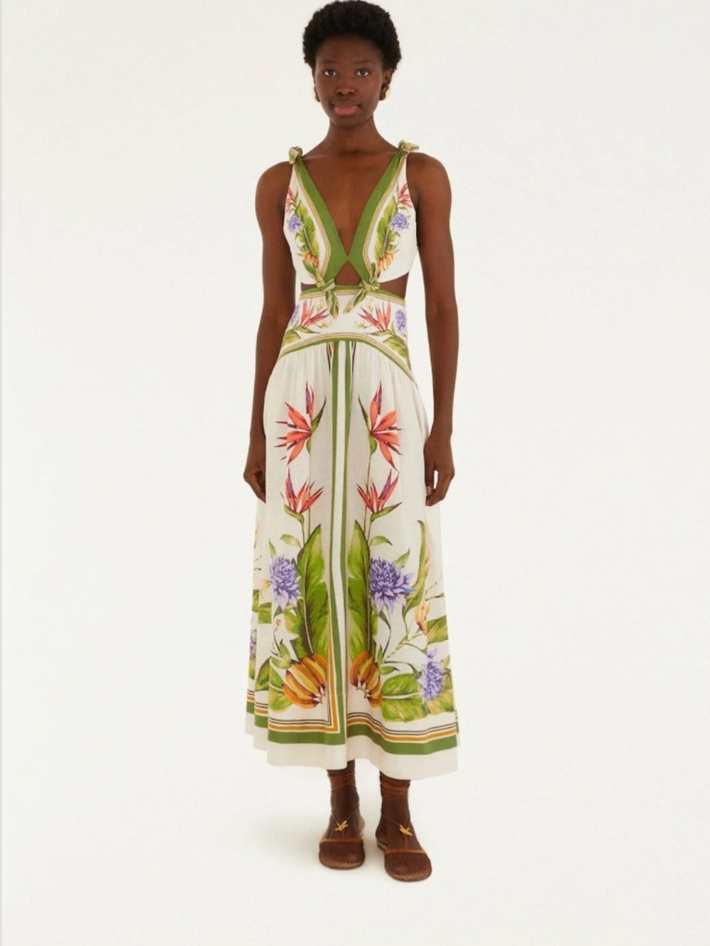 FARM Rio White Maxi Dress with Green Trim and Floral Print